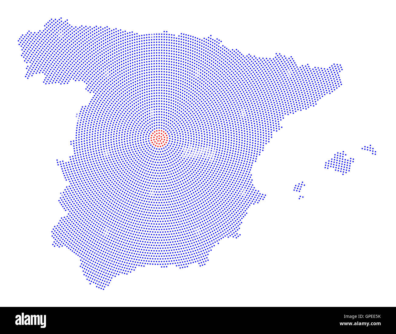 Spagna mappa radiale pattern a punti. Punti blu che va dal rosso punteggiato di Madrid capitale verso l'esterno e forma la silhouette di paese. Foto Stock