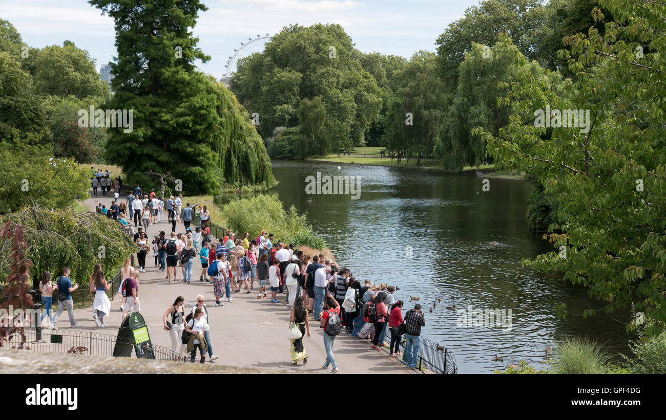 Le persone che visitano il St James Park vicino a Buckingham Palace in Westminster Victoria Londra Foto Stock