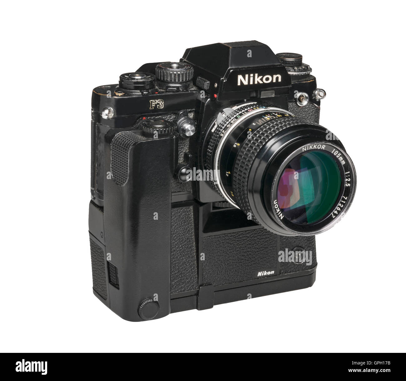 1990 Nikon F3 professional 35mm fotocamera a pellicola con MD4 Motordrive e 105 mm lente Foto Stock