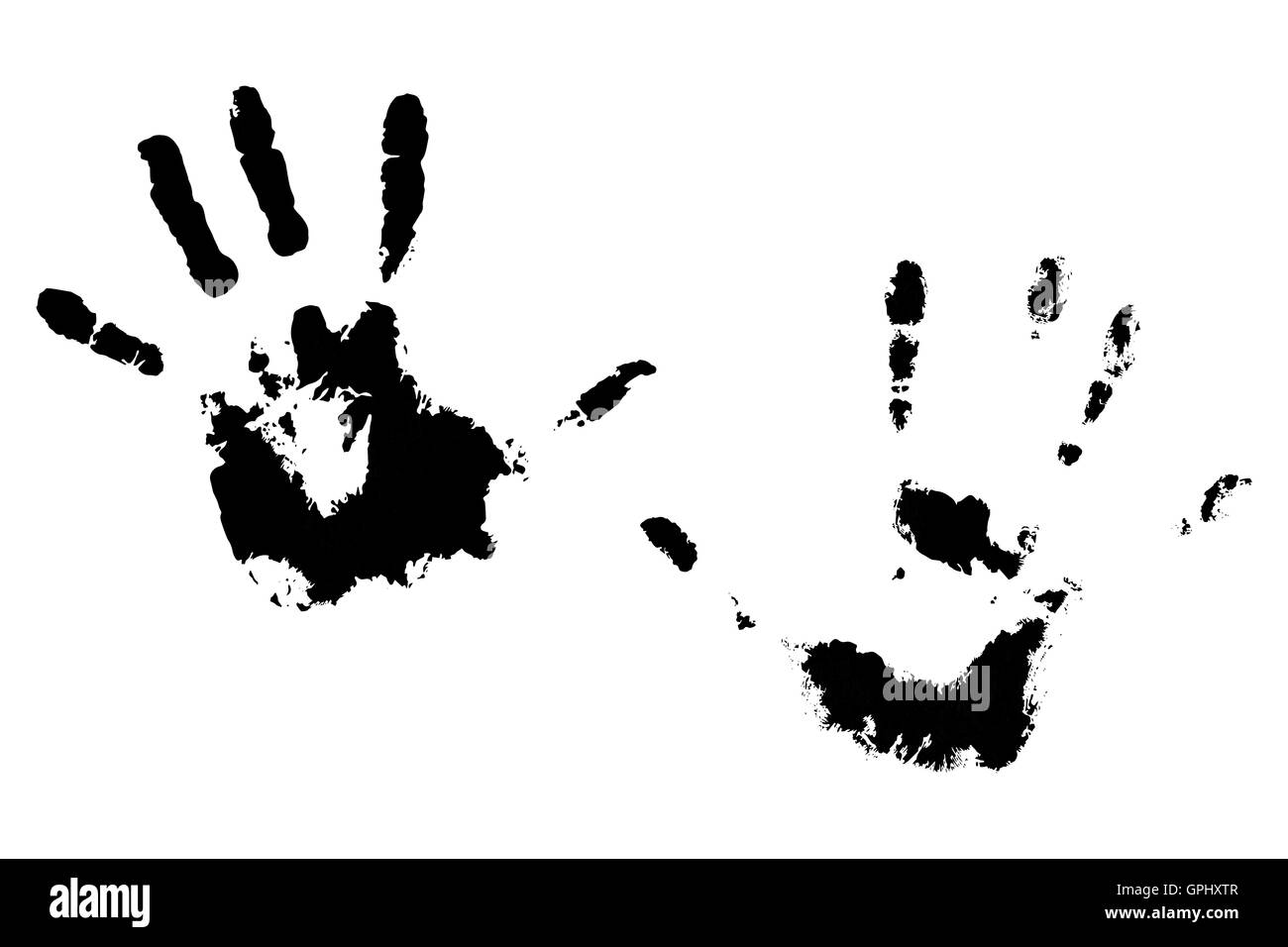 Mani Handprint nero. Stampa a mano e bambino handprint, illustrazione vettoriale Foto Stock