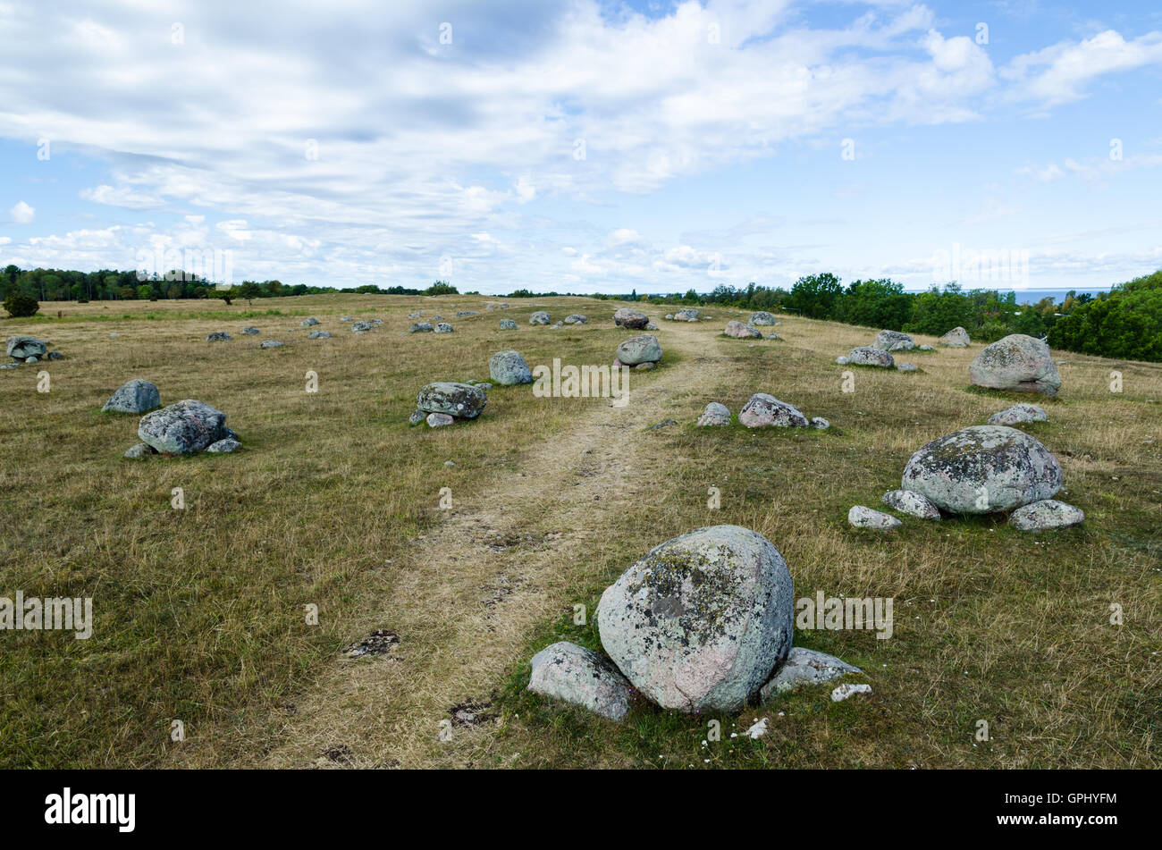 Il sentiero attraverso una zona con lapidi antiche all'isola svedese Oland Foto Stock