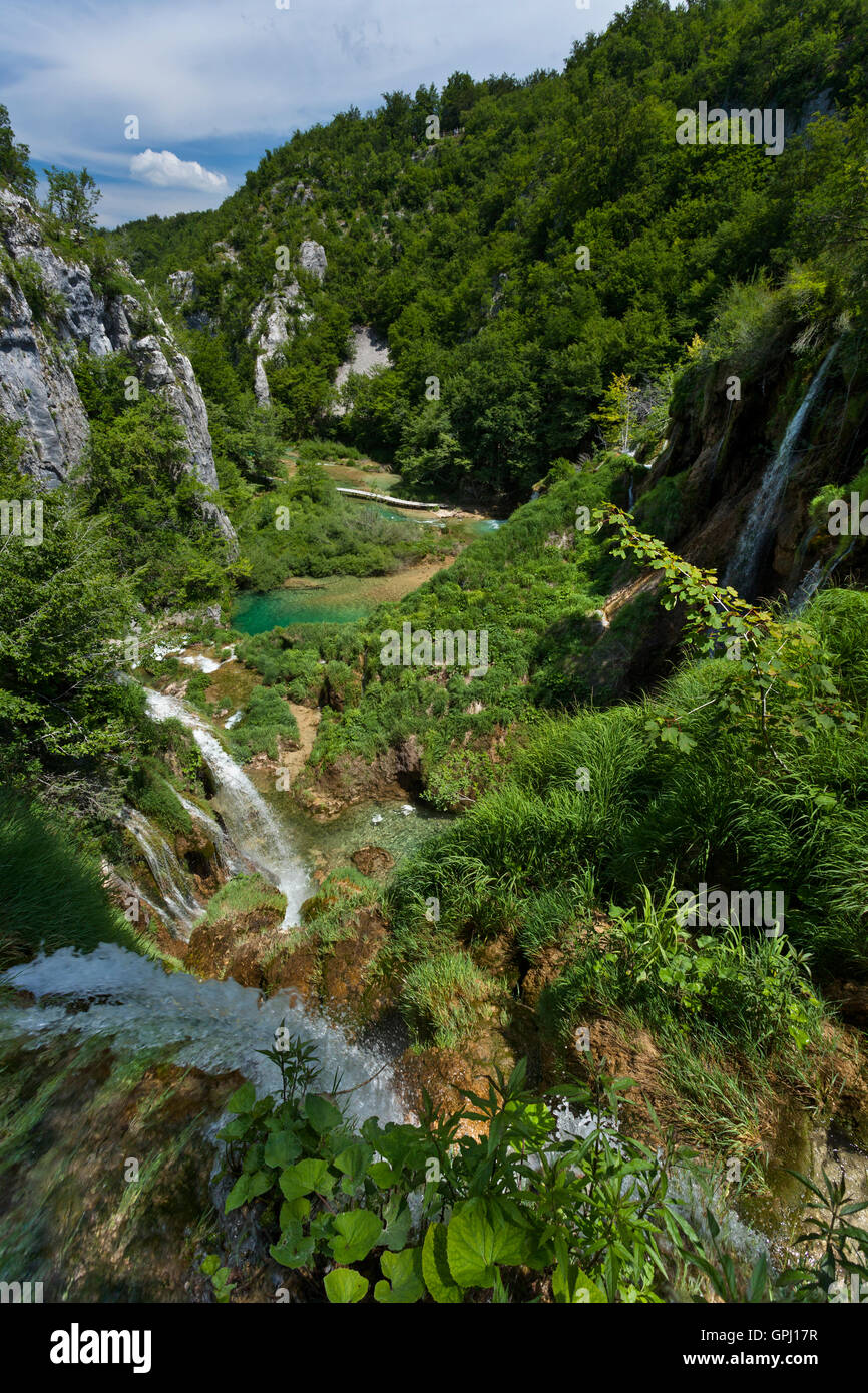 Veliki Slap cascata e Plitvica Potok river canyon nel Parco Nazionale dei Laghi di Plitvice, Croazia Foto Stock