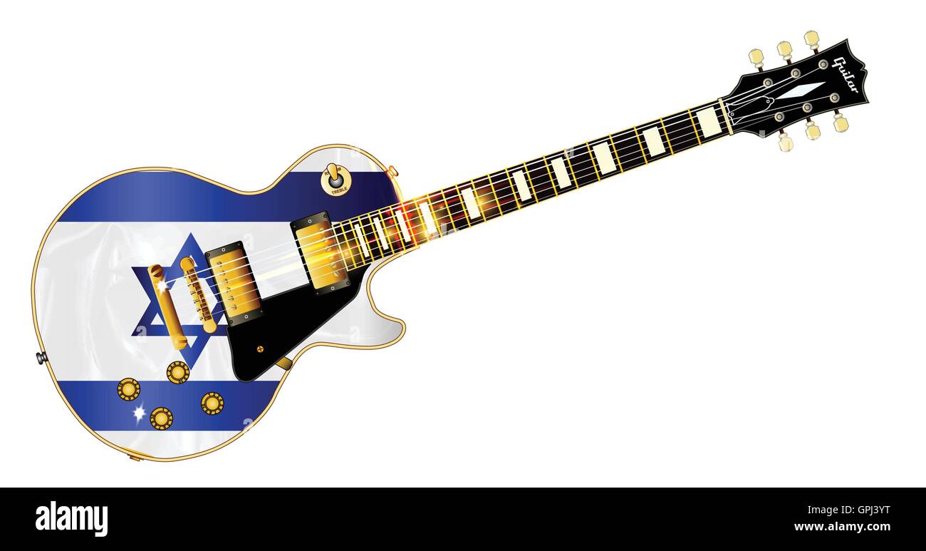 La definitiva rock and roll chitarra con la bandiera israeliana isolate su uno sfondo bianco. Illustrazione Vettoriale