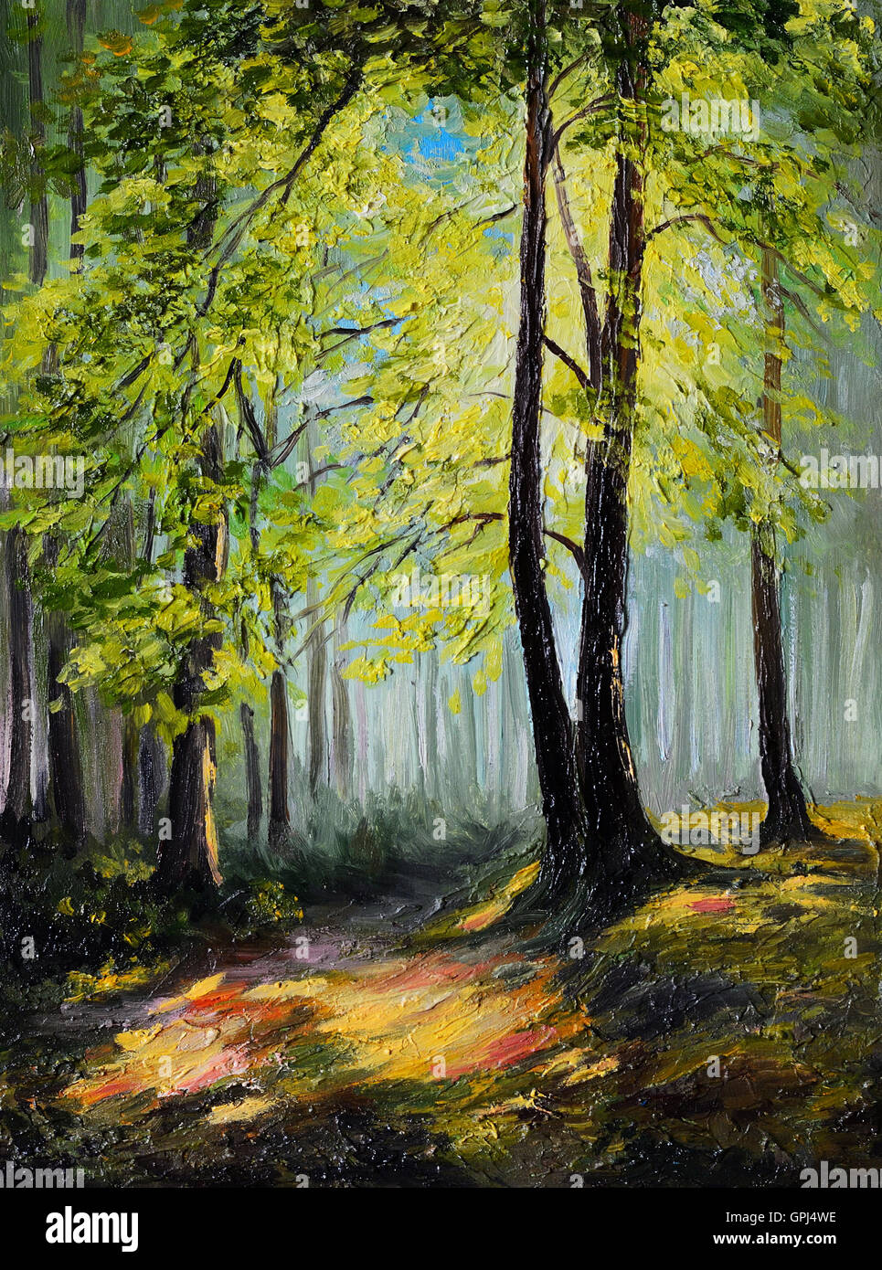 Pittura di olio paesaggio - colori d'autunno foresta , albero Foto Stock
