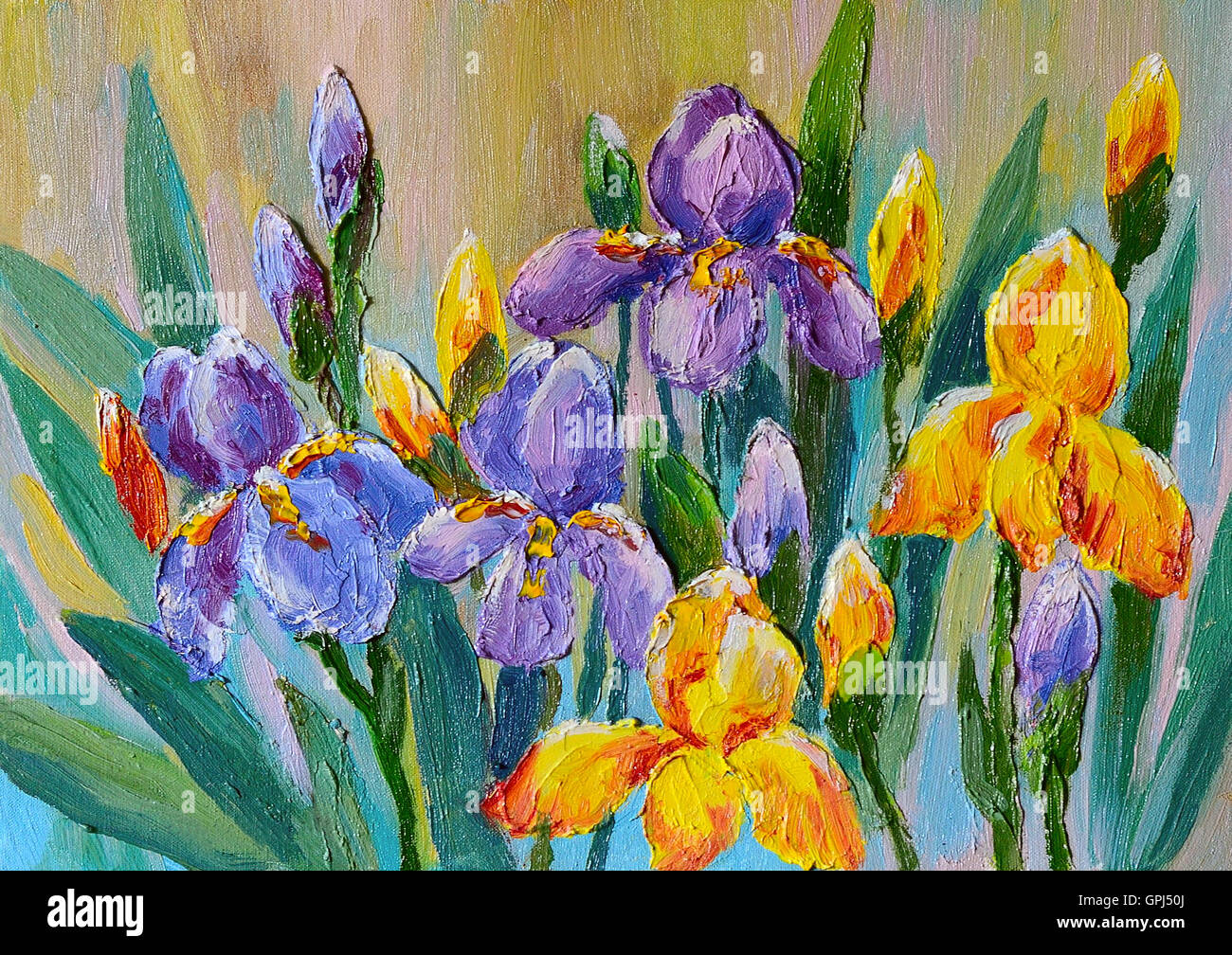 Pittura Di Olio - bouquet di fiori iridi Foto Stock