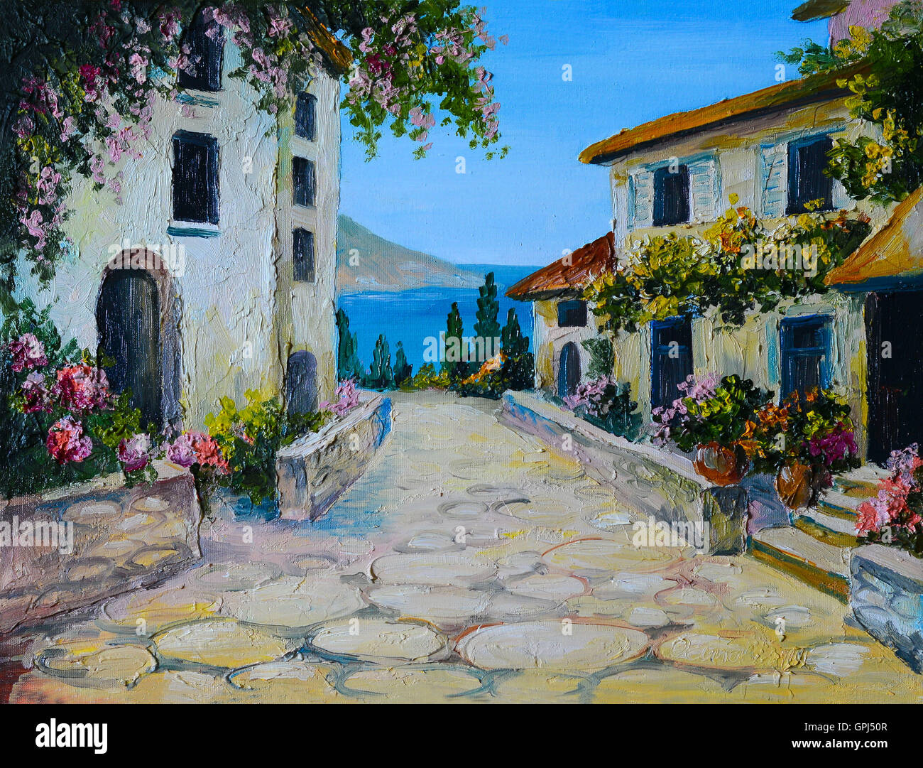 pittura-di-olio-su-tela-di-un-bellissimo-case-vicino-al-mare-disegno