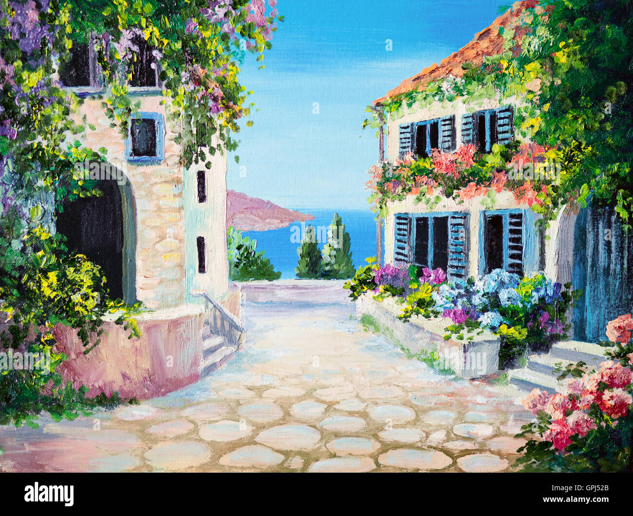 Pittura di olio su tela - casa vicino al mare, estate, tela, greco Foto Stock