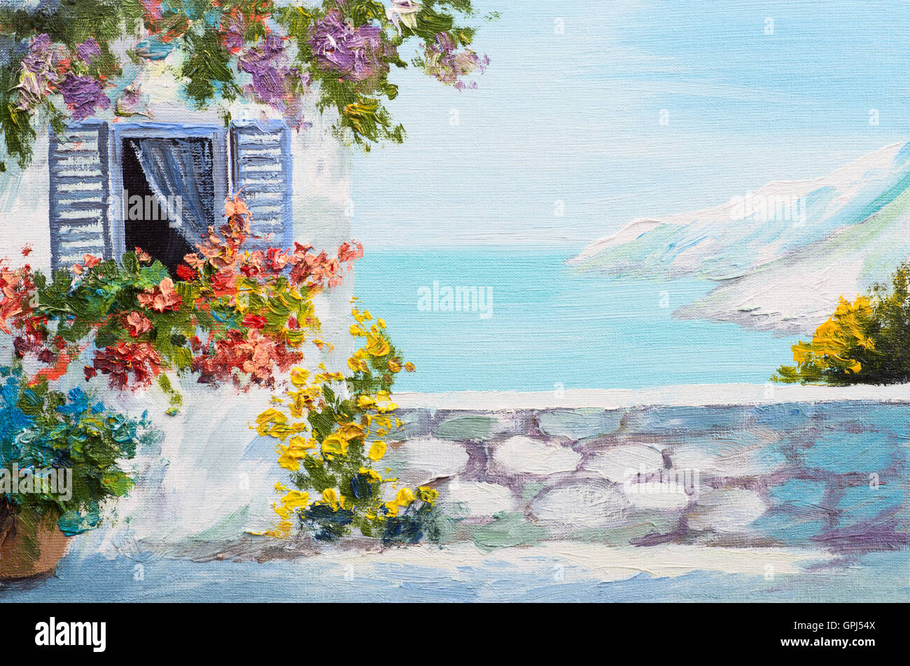 Pittura di olio su tela - casa vicino al mare, estate, tela, greco Foto Stock