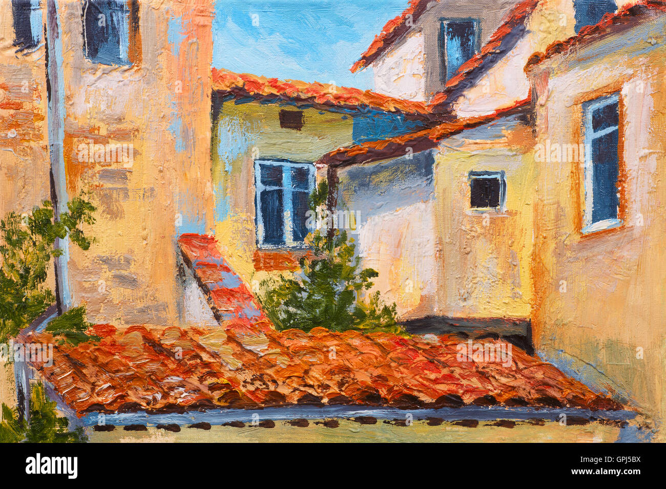 Colorato la pittura ad olio - tetti di case, strada europeo, arte impressionismo Foto Stock