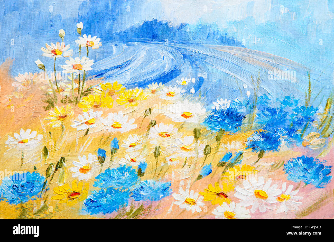 Pittura Di Olio - illustrazione astratta di fiori, margherite, verdi Foto Stock