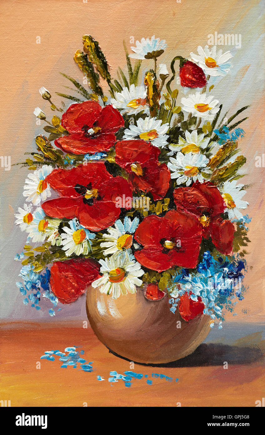 Dipinto ad Olio di fiori di primavera in un vaso su tela. Disegno astratto, bella, bellezza, blossom Foto Stock
