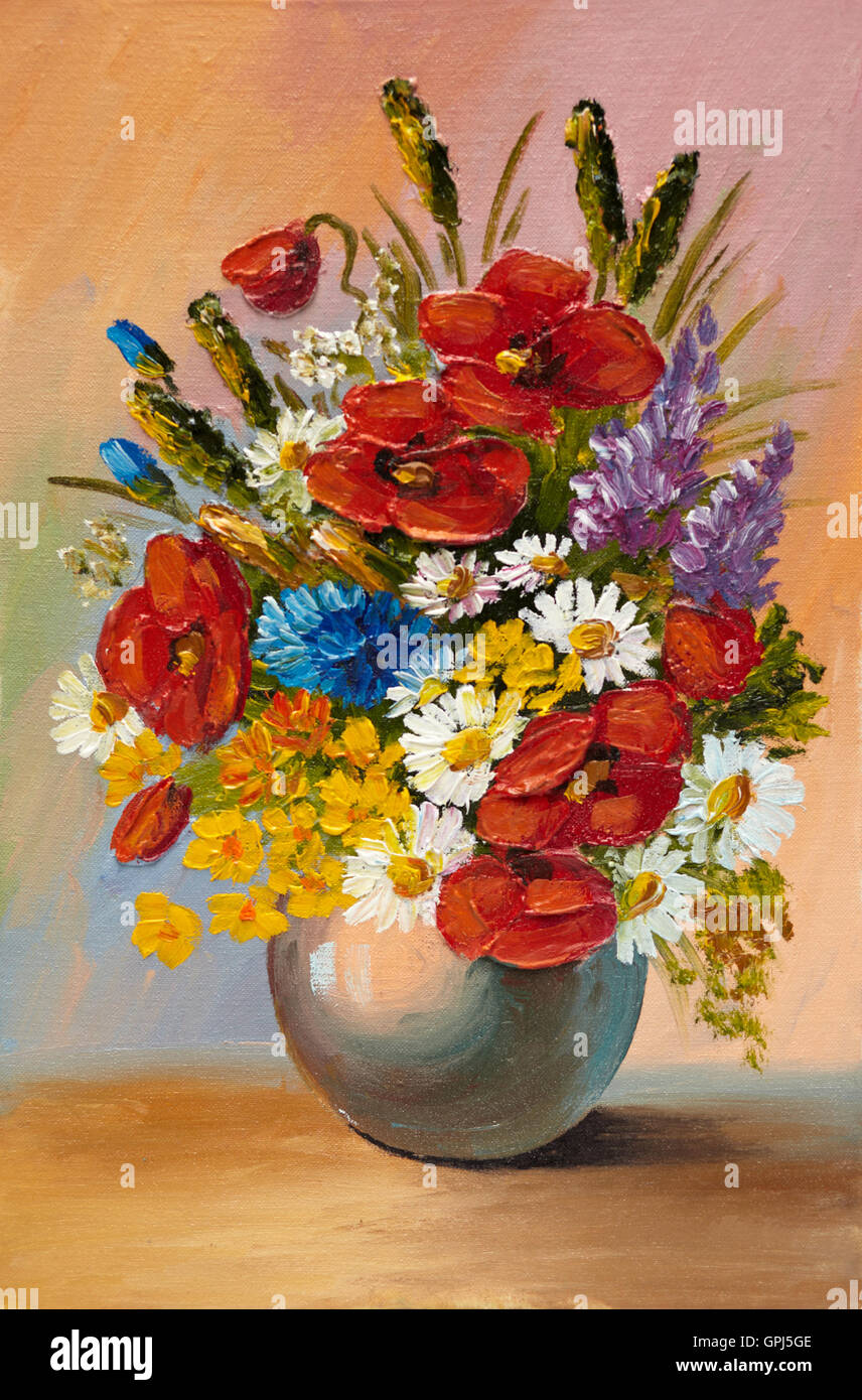Dipinto ad Olio di fiori di primavera in un vaso su tela. Disegno astratto,  floreali, bianco, a molla Foto stock - Alamy