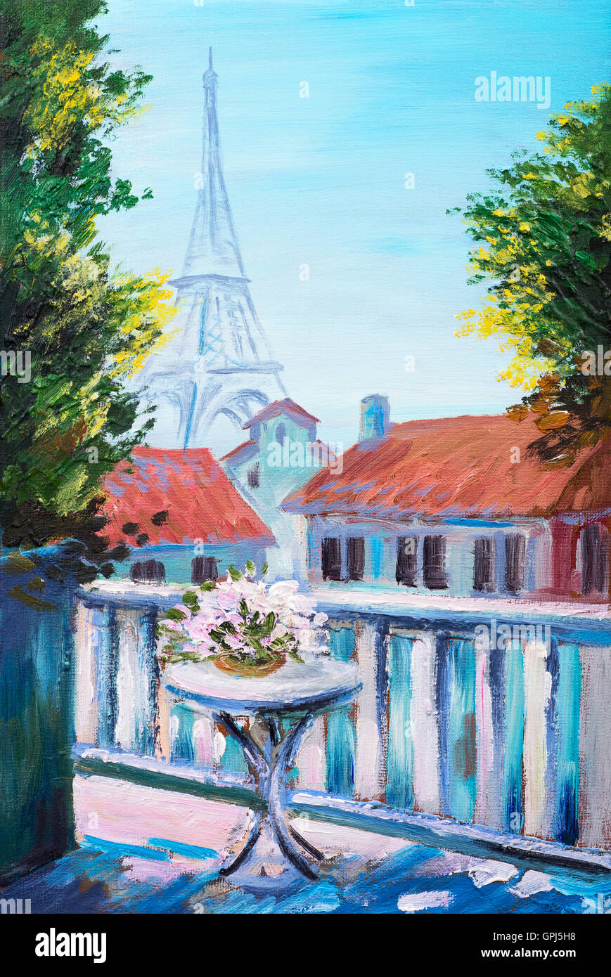 Panther Print Quadro Su Tela Parigi Torre Eiffel Con Ombrello Blu | Stampa Artistica 61x41 Cm, Tela Tesa Su Telaio In Legno, Pronta Da Appendere, Decorazione Casa