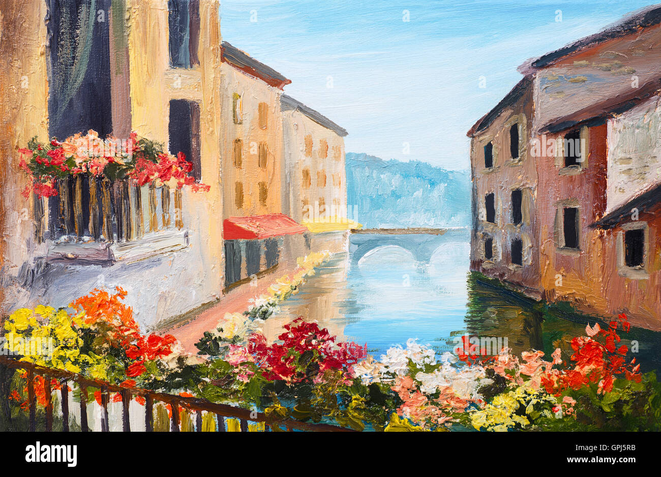 Pittura di olio, Canal a Venezia, Italia, famoso luogo turistico, colorato impressionismo Foto Stock