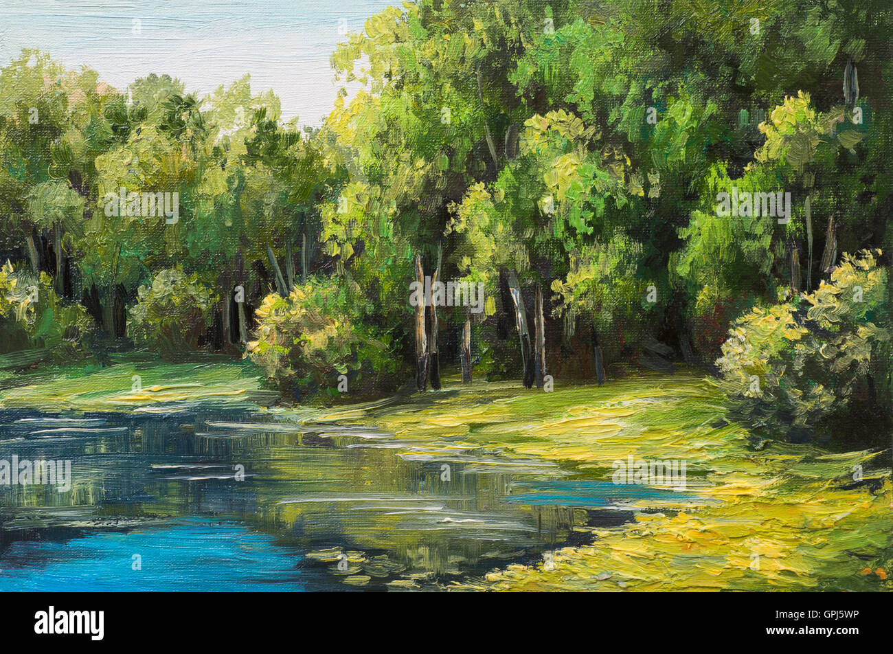 Pittura di olio panorama - lago nella foresta, giorno di estate Foto Stock