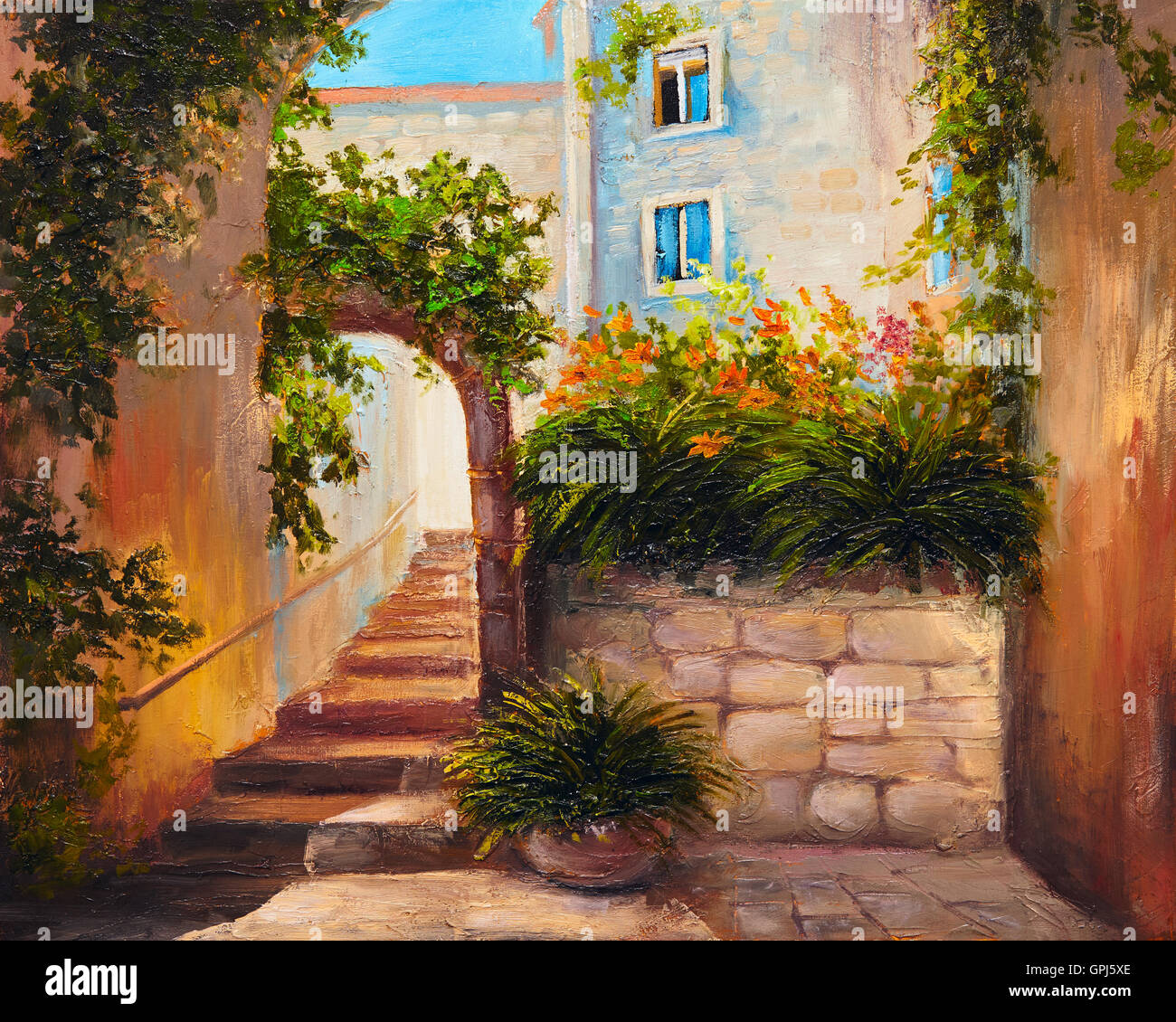 Pittura di olio - estate street con fiori che sbocciano. Colorata arte astratta Foto Stock