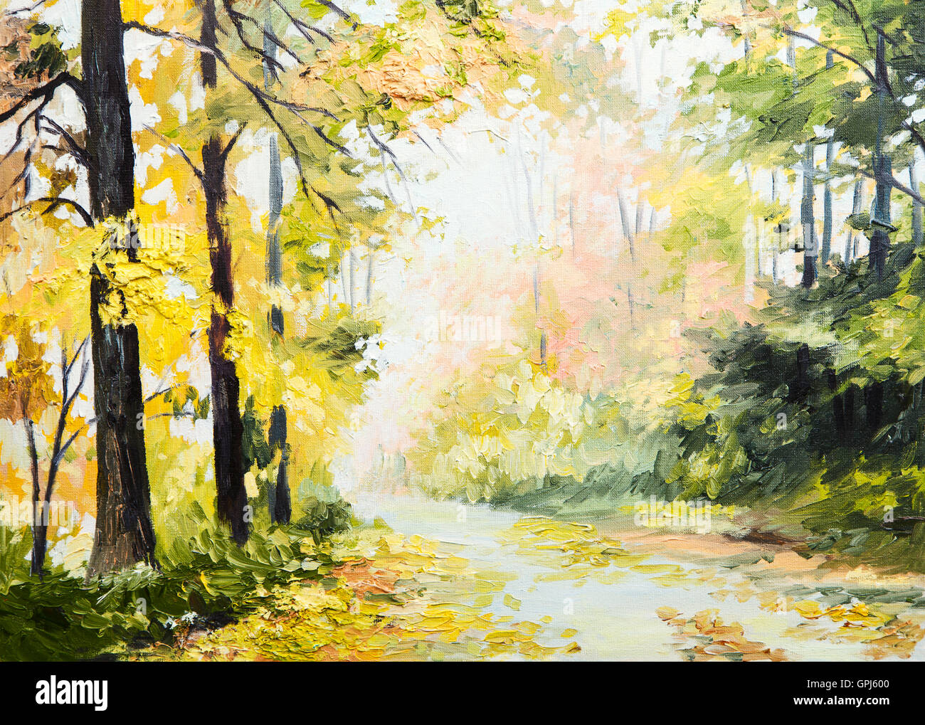 Pittura di olio della foresta autunnale, paesaggio, arte Foto Stock