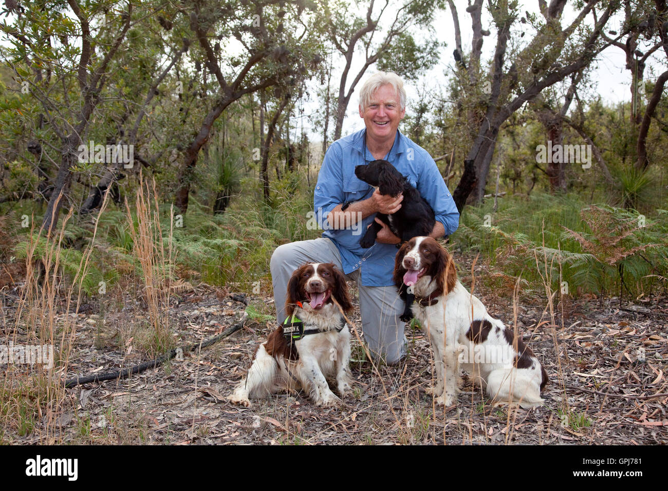 Dog trainer, Steve Austin con animali selvatici cane di rilevamento, bullone. Black Rock National Park, NSW, Australia Foto Stock