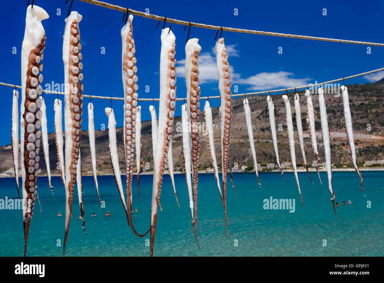 Tentacoli di polpo appesi ad asciugare prima di grigliare contro un cielo blu e nuvole in Grecia Foto Stock