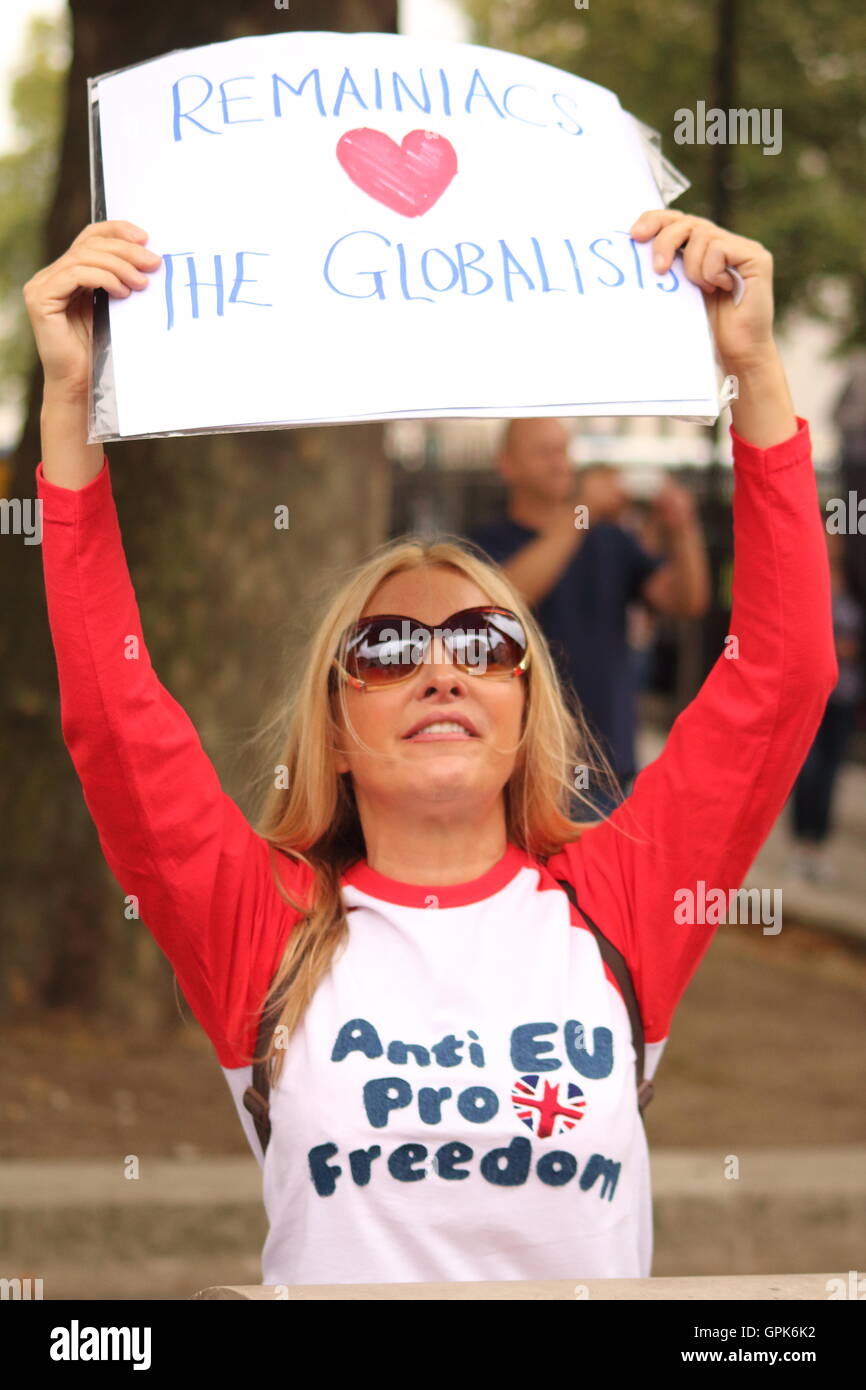 Londra, Regno Unito il 3 settembre 2016 contro protester protestando per il settembre 2016 'Marco per l'Europa": credito verrà Saunders/Alamy Live News Foto Stock