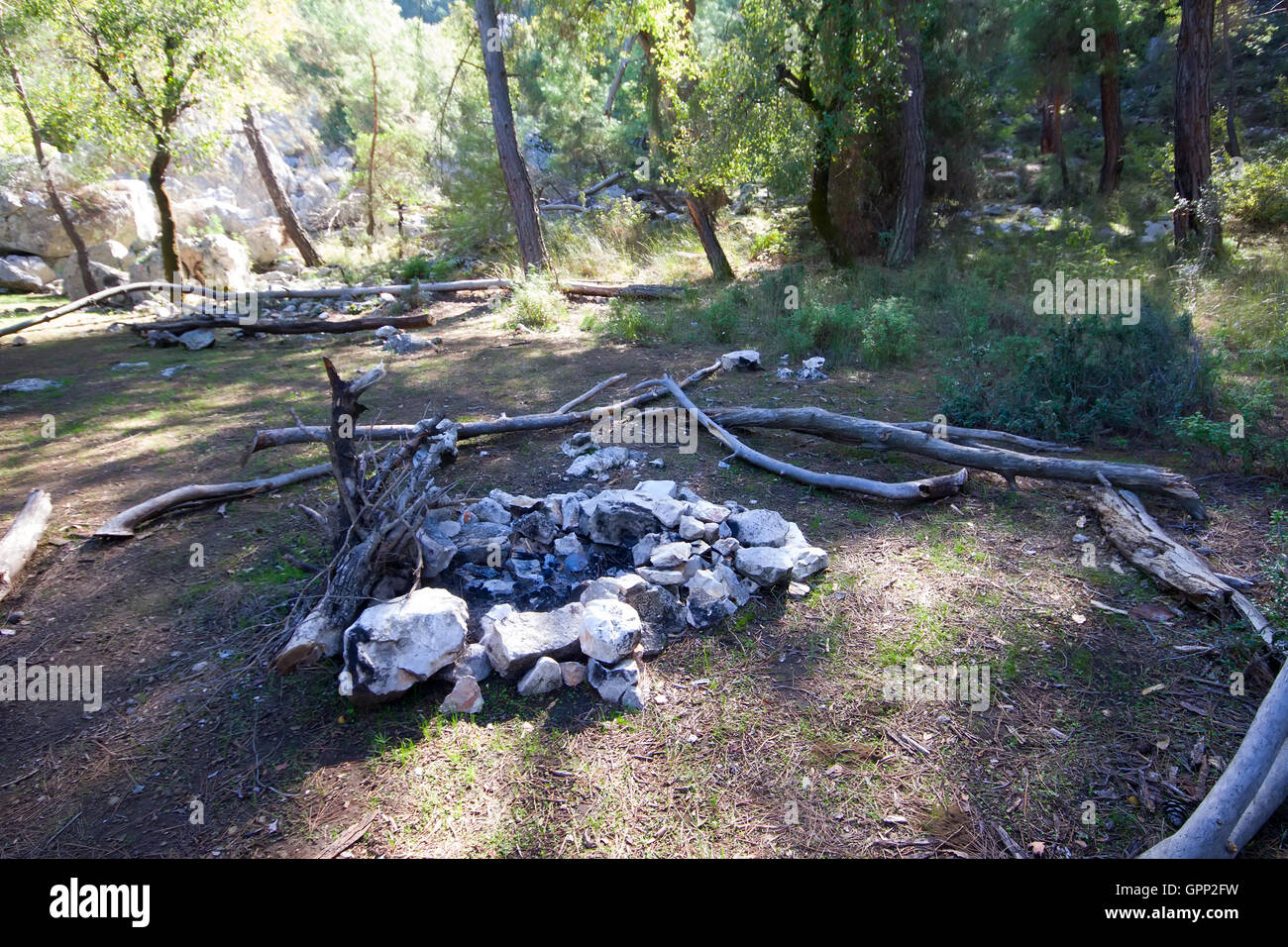 Lo stabile arresto di turisti in una foresta di montagna Foto Stock