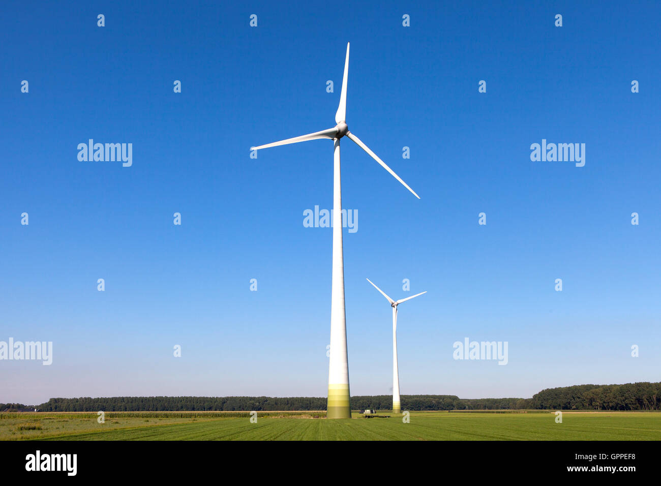 Turbina eolica con filatura in una campagna verdeggiante ambiente Foto Stock