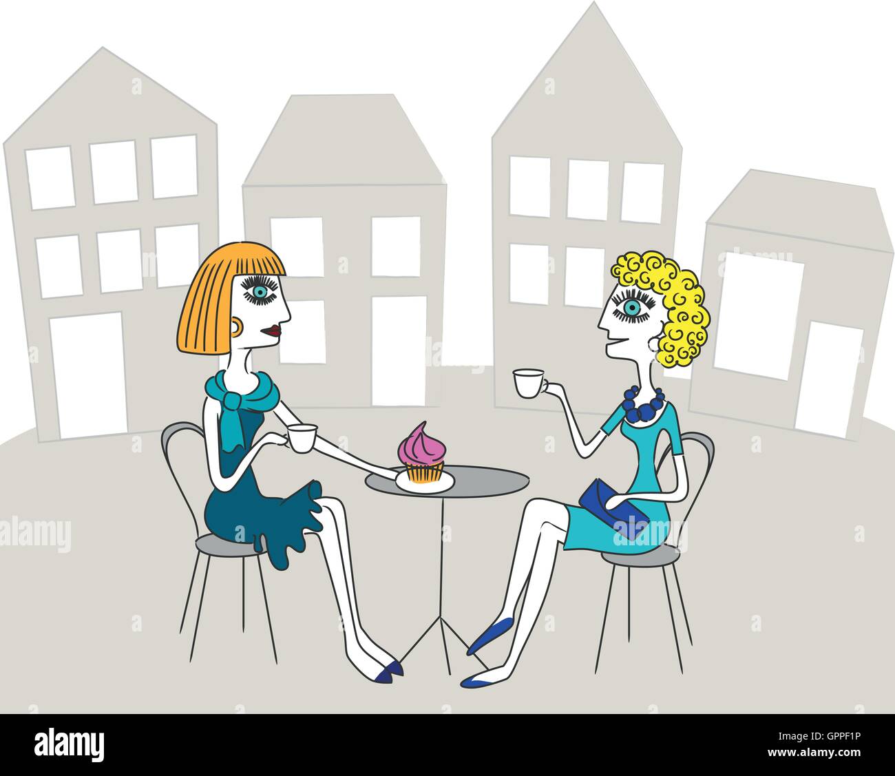Due donne siedono in street cafe nella città vecchia Illustrazione Vettoriale