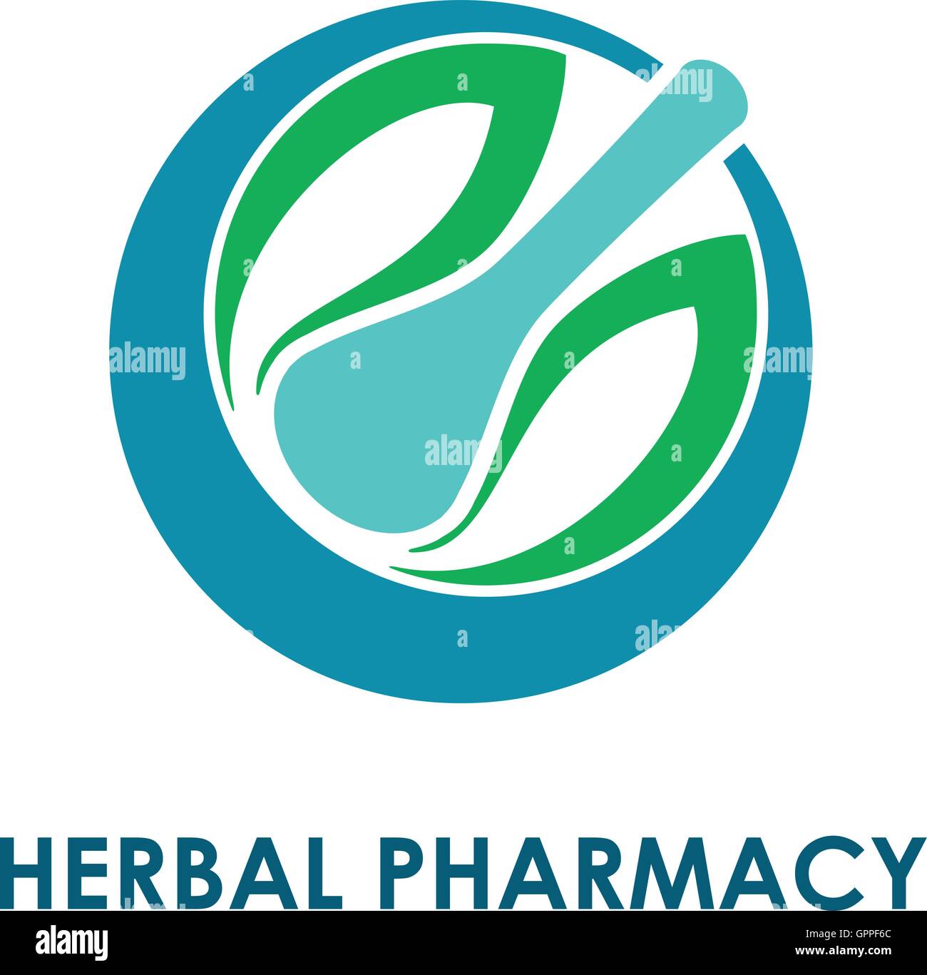 Foglia verde, mortaio e pestello a base di erbe o di farmacia medicina alternativa nozione Illustrazione Vettoriale