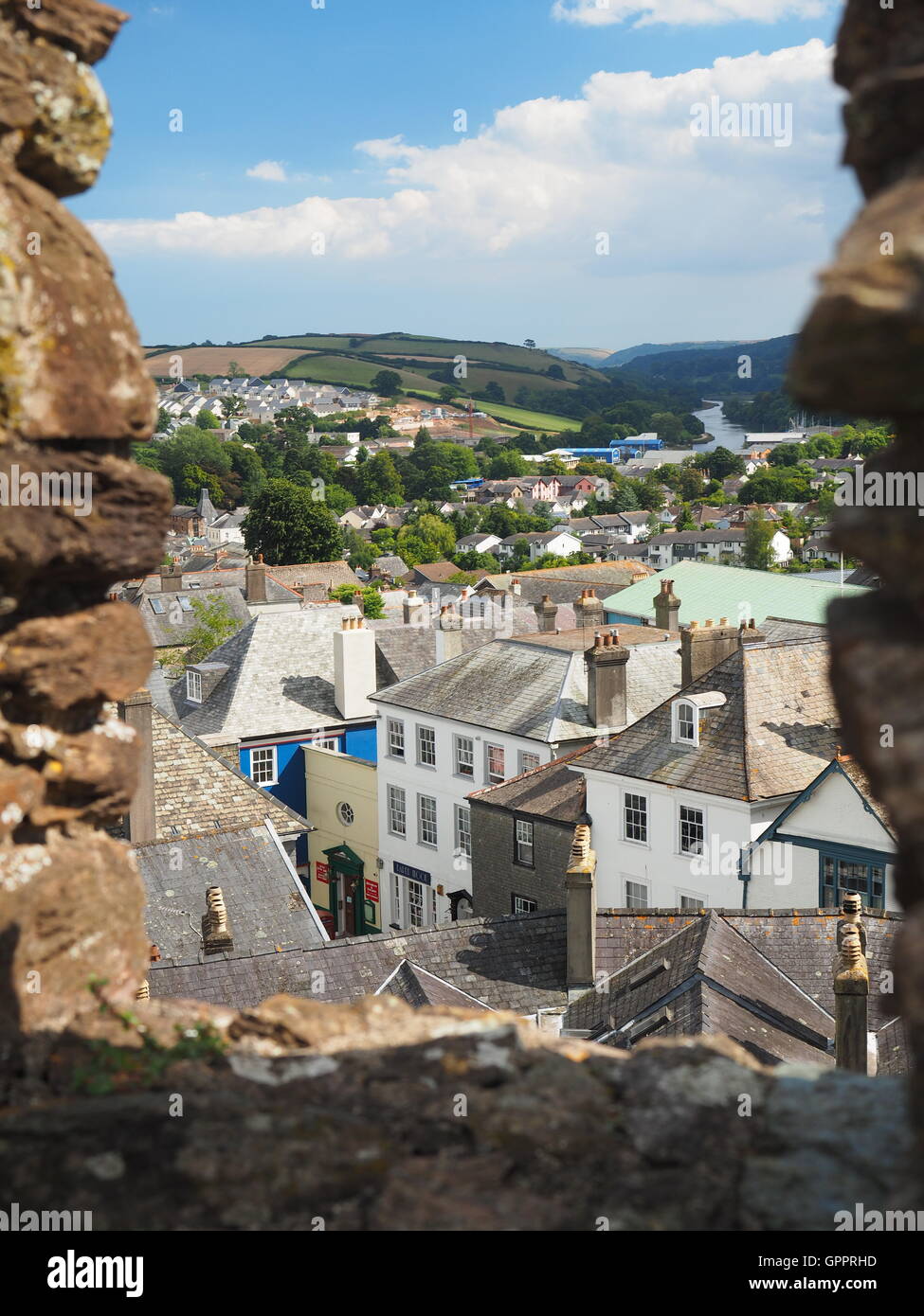 Una vista da merli di Totnes Castle Foto Stock