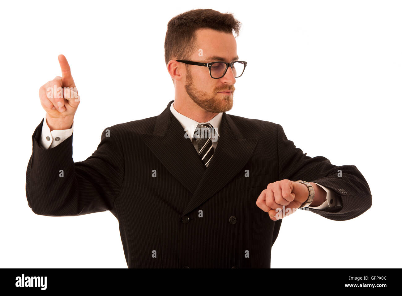 Felice giovane imprenditore della tuta e tirante presentando, promozione, pubblicità isolate su bianco. Foto Stock