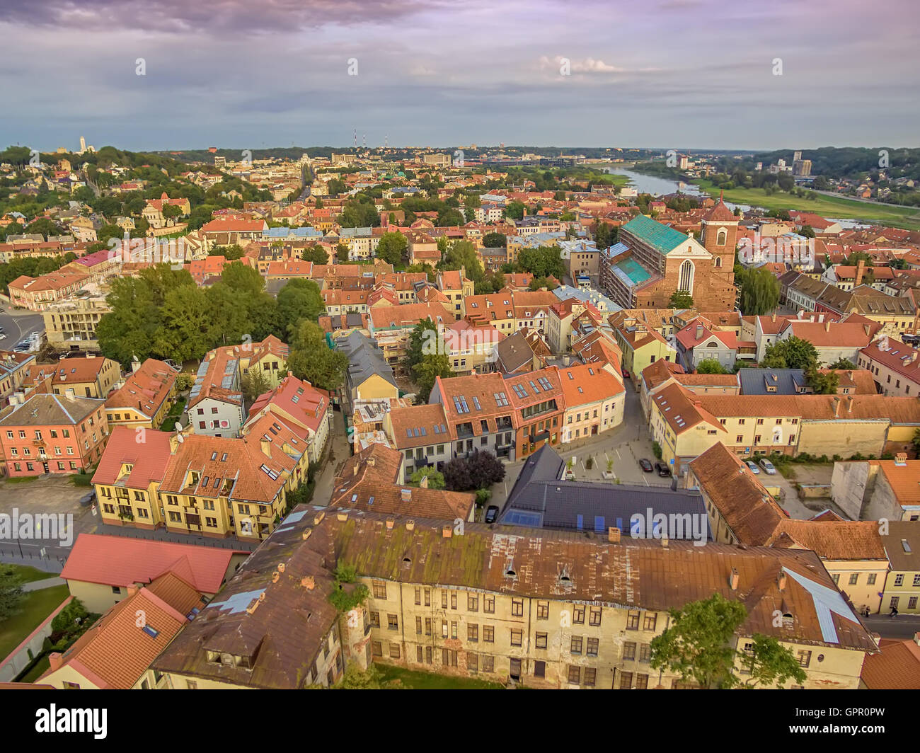 Kaunas, Lituania: antenna UAV vista superiore della Città Vecchia Foto Stock