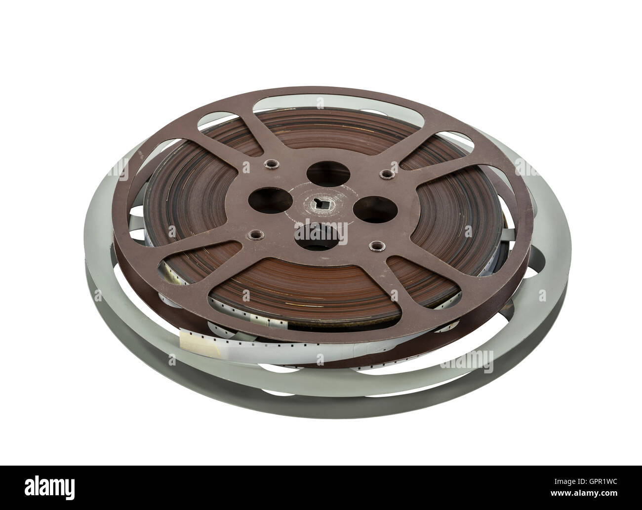 Vintage 16 mm bobine di pellicola isolato su bianco. Foto Stock