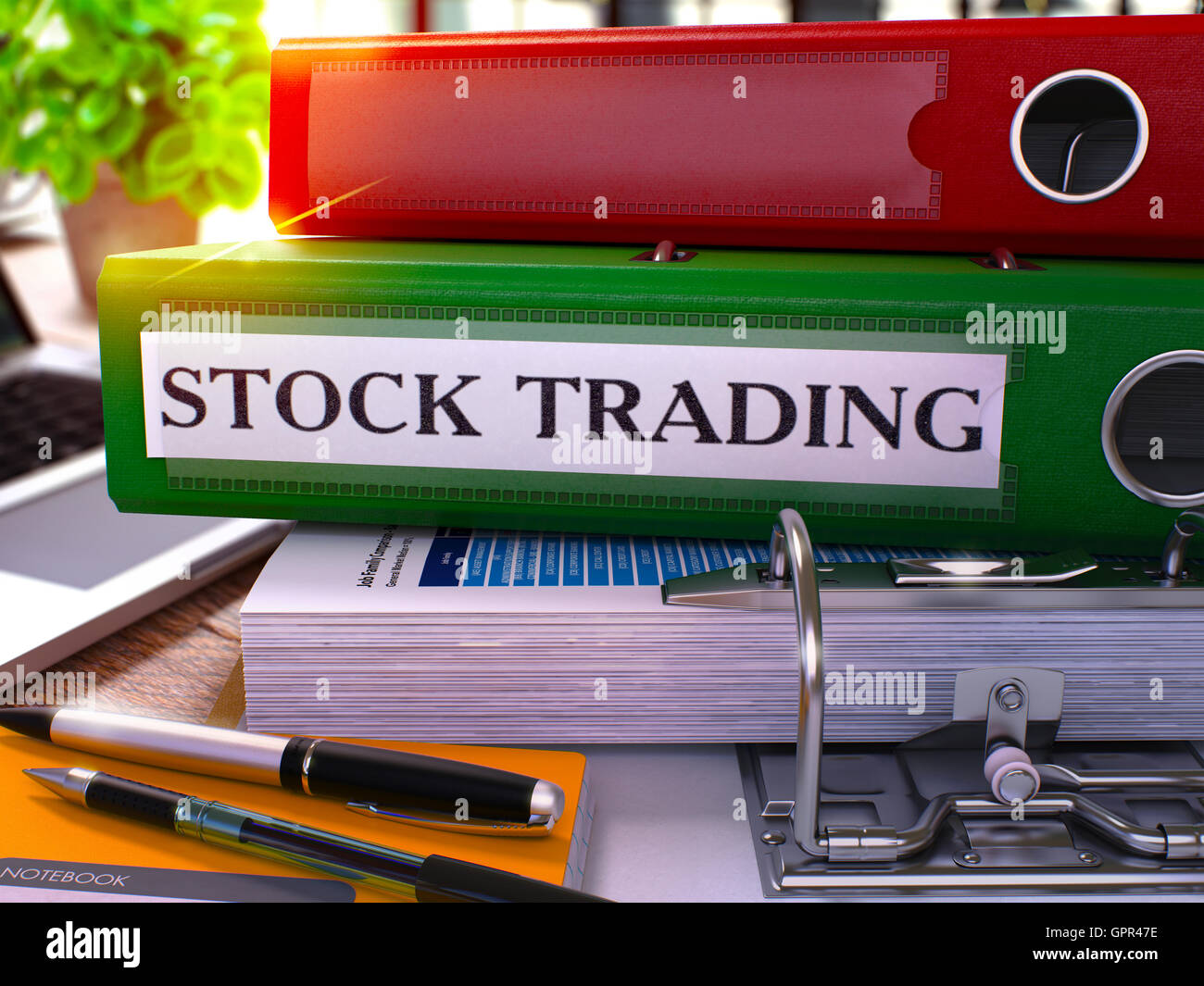 Green Ring Binder con iscrizione Stock Trading. 3D'illustrazione. Foto Stock