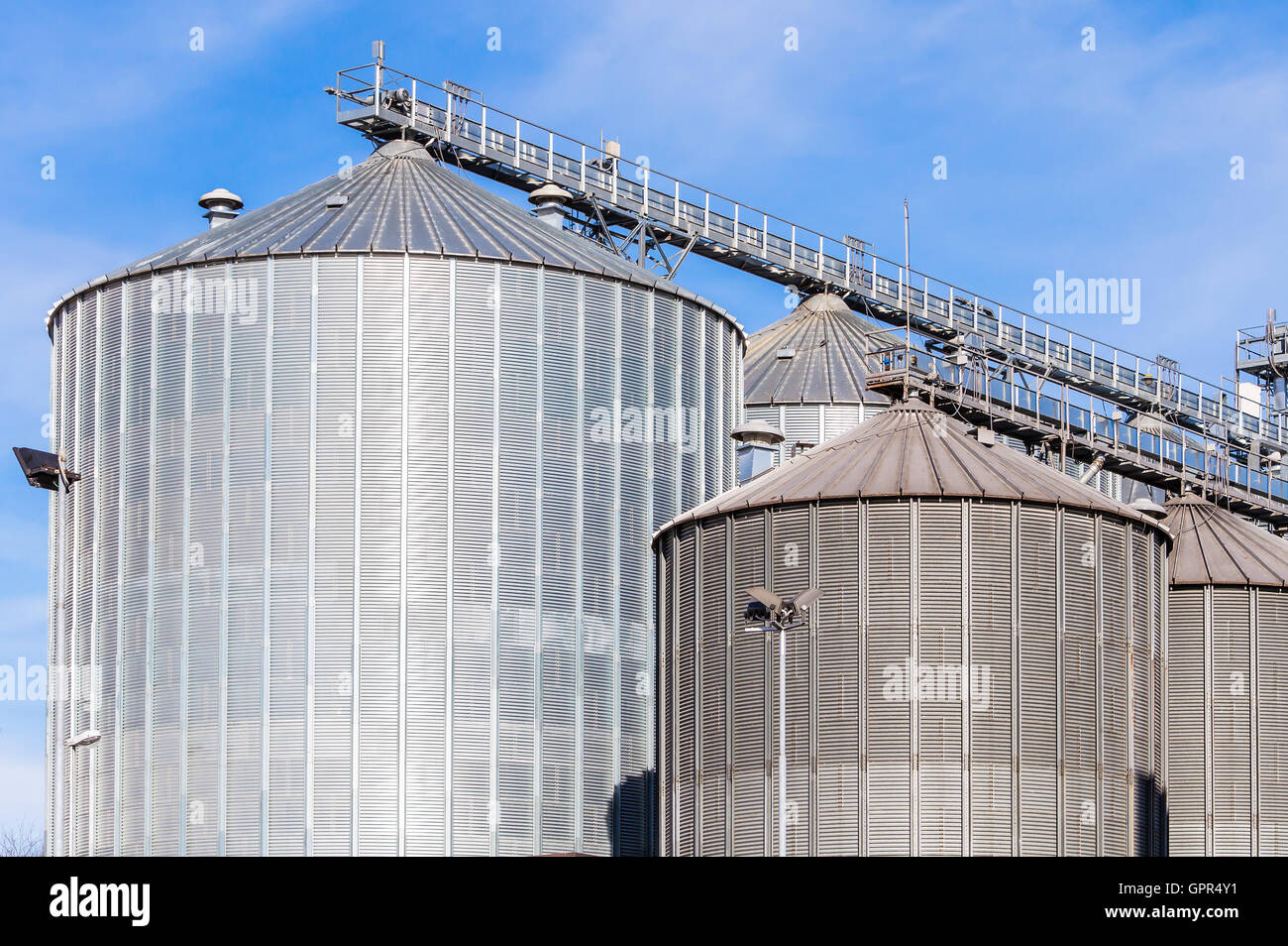 Impianto di stoccaggio cereali e produzione di bio-gas; silos e torri di essiccazione Foto Stock