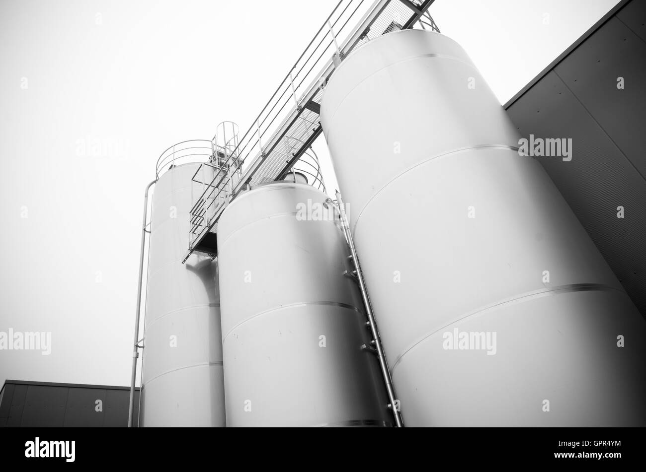 Grandi silos in metallo per l'industria di trasformazione degli alimenti Foto Stock