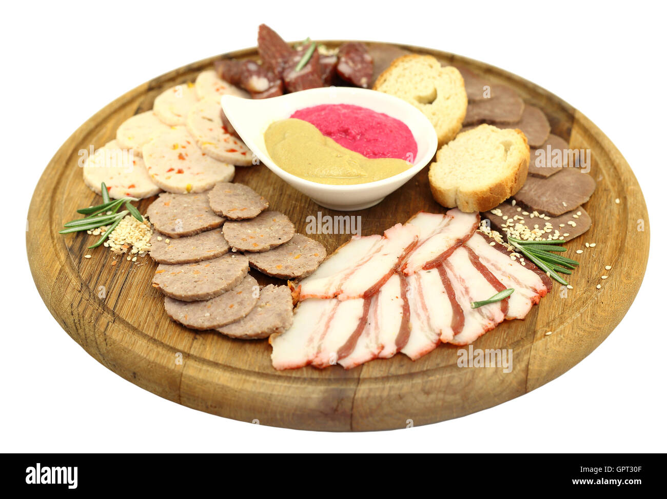 Un piatto di salsicce e pancetta Foto Stock