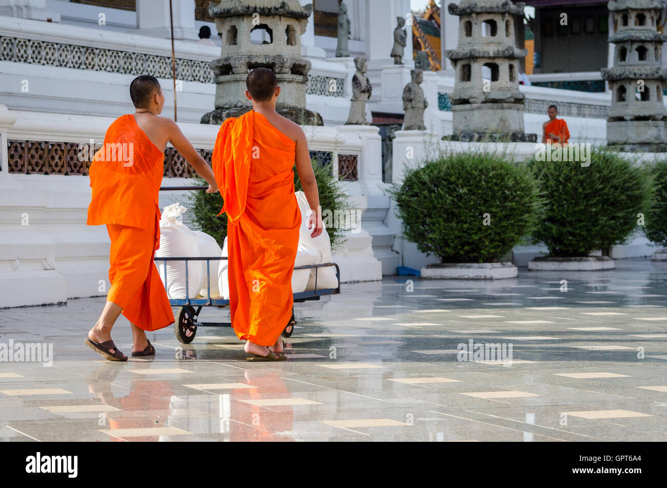 Bangkok (Thailandia), i monaci buddisti a piedi in un tempio Foto Stock
