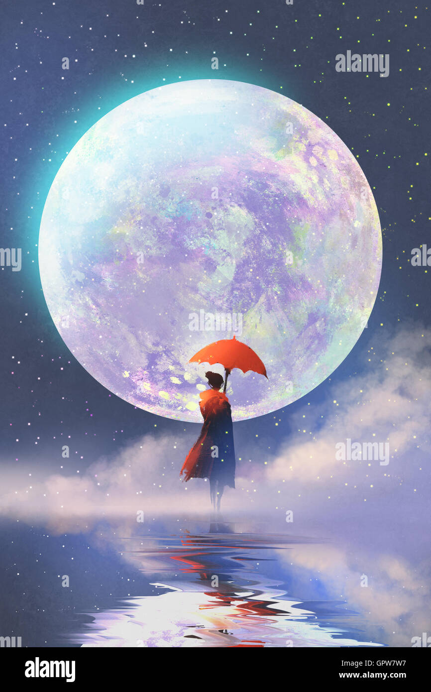 Donna con ombrello rosso in piedi sull'acqua contro la luna piena sfondo,illustrazione pittura Foto Stock