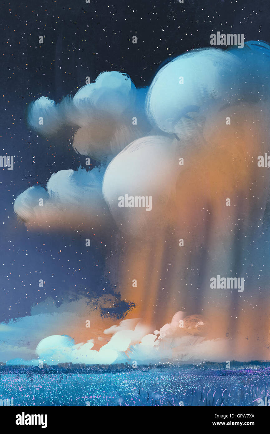 Paesaggio notturno di grande cumulonimbus nuvole sopra il campo,landscape,illustrazione pittura Foto Stock