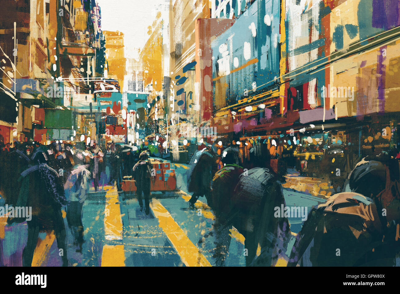 Persone che camminano in colorate di via della città,illustrazione pittura Foto Stock