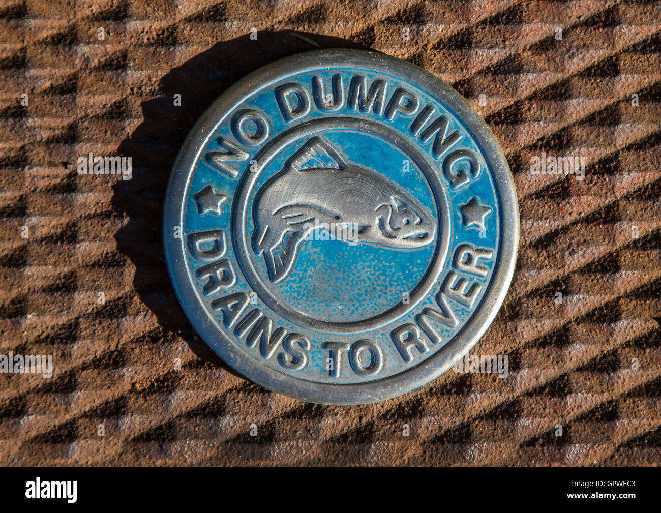 Un elaborato 'Nessun Dumping' segno su un pozzo raffigurante un pesce. Foto Stock