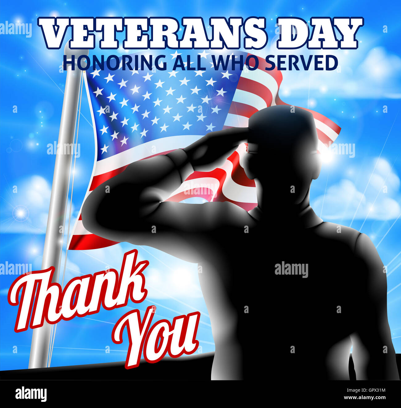 Un giorno dei veterani di progettazione di una silhouette salutando soldato e bandiera americana sventola su un pennone Foto Stock