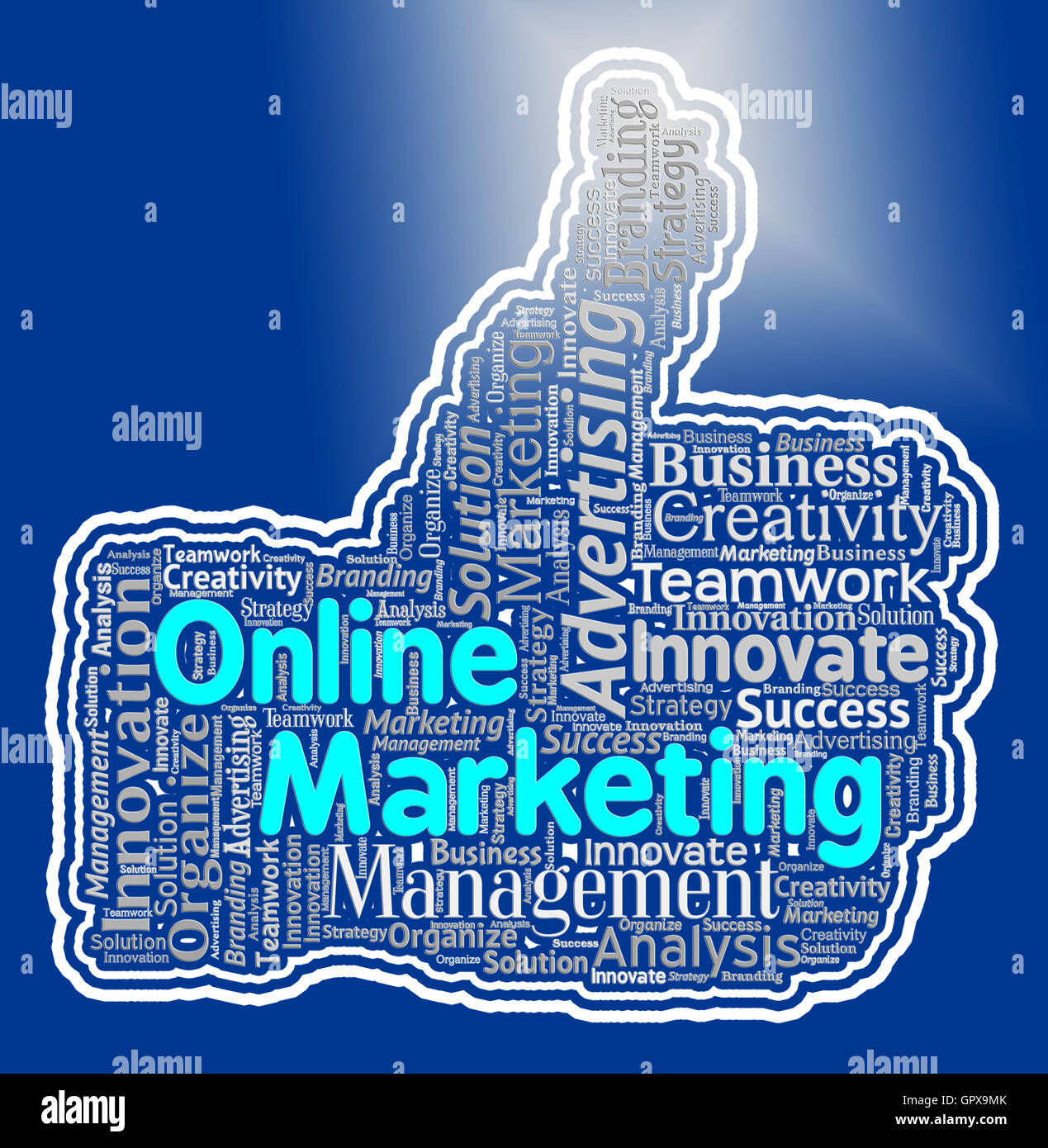 Online Marketing pollice in rappresentanza di sito Web e promozione Foto Stock
