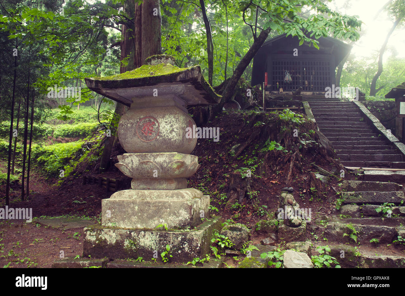 Pietra antica struttura lanterna nel tempio giapponese cantiere in Nikko, Prefettura di Tochigi Foto Stock