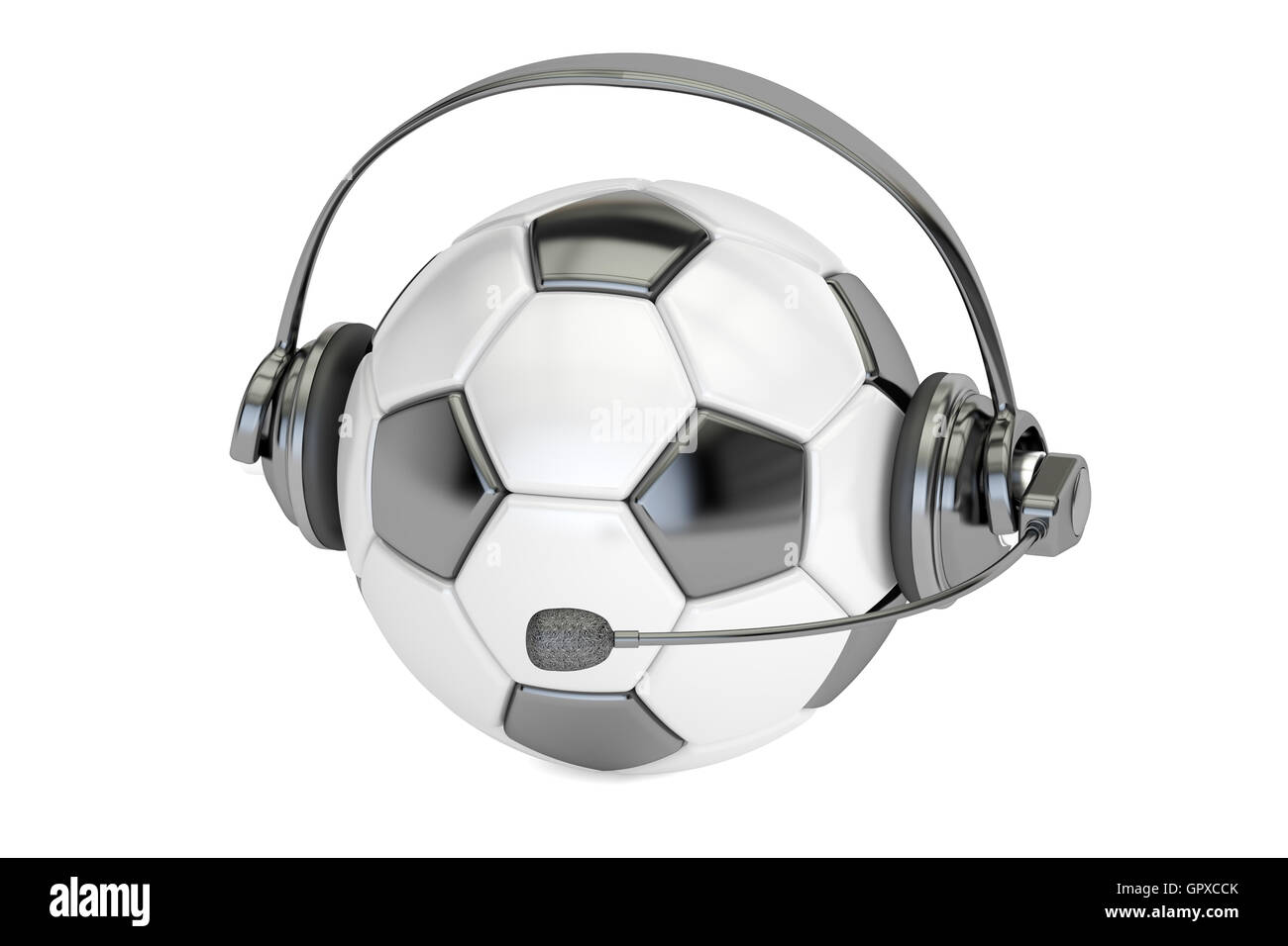 Sfera di calcio con auricolari o cuffie rendering 3D Foto Stock