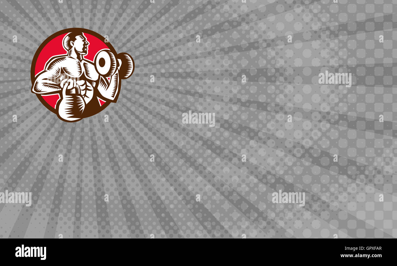 Business Card mostra illustrazione di un atleta weightlifter kettlebell di sollevamento con una mano e manubri di pompaggio sull'altro lato affacciato lato impostato all'interno del cerchio su sfondo isolato fatto rétro xilografia stile. Foto Stock