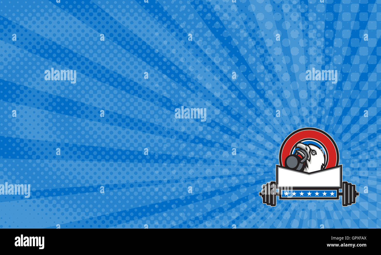 Business Card mostra illustrazione di un american aquila calva testa guardando al lato kettleball sollevamento con becco impostato all'interno del cerchio con barbell e stelle fatto in stile retrò. Foto Stock