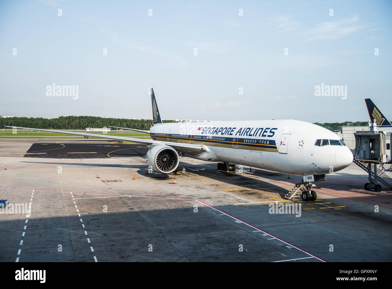 Singapore Airlines Boeing aereo pronto al decollo all'Aeroporto Internazionale di San Francisco Foto Stock