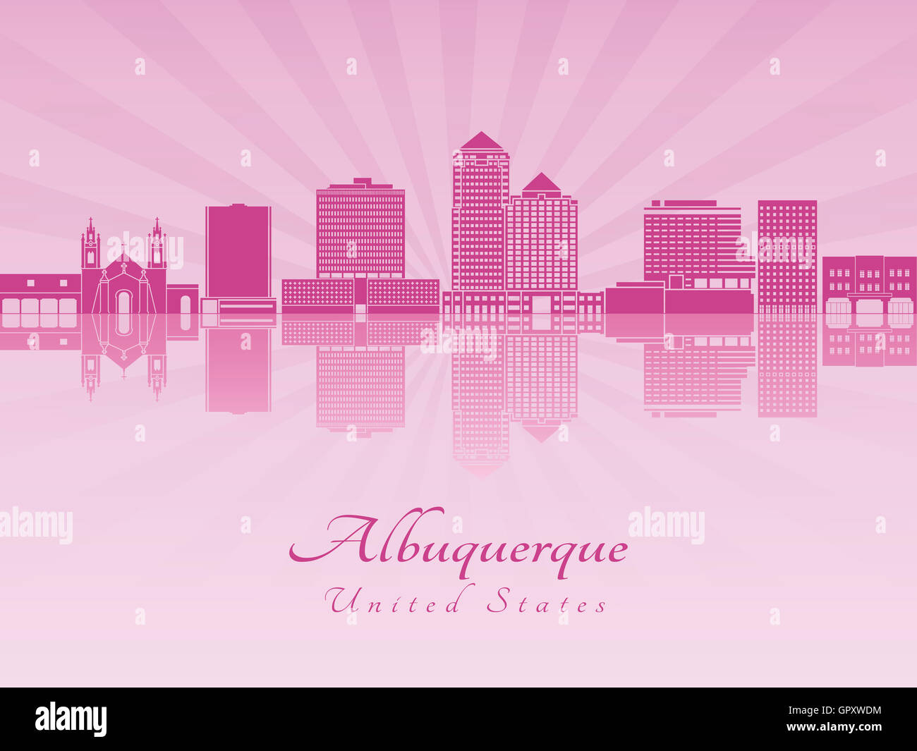 Lo skyline di Albuquerque in viola orchidea radiante in modificabile file vettoriali Foto Stock