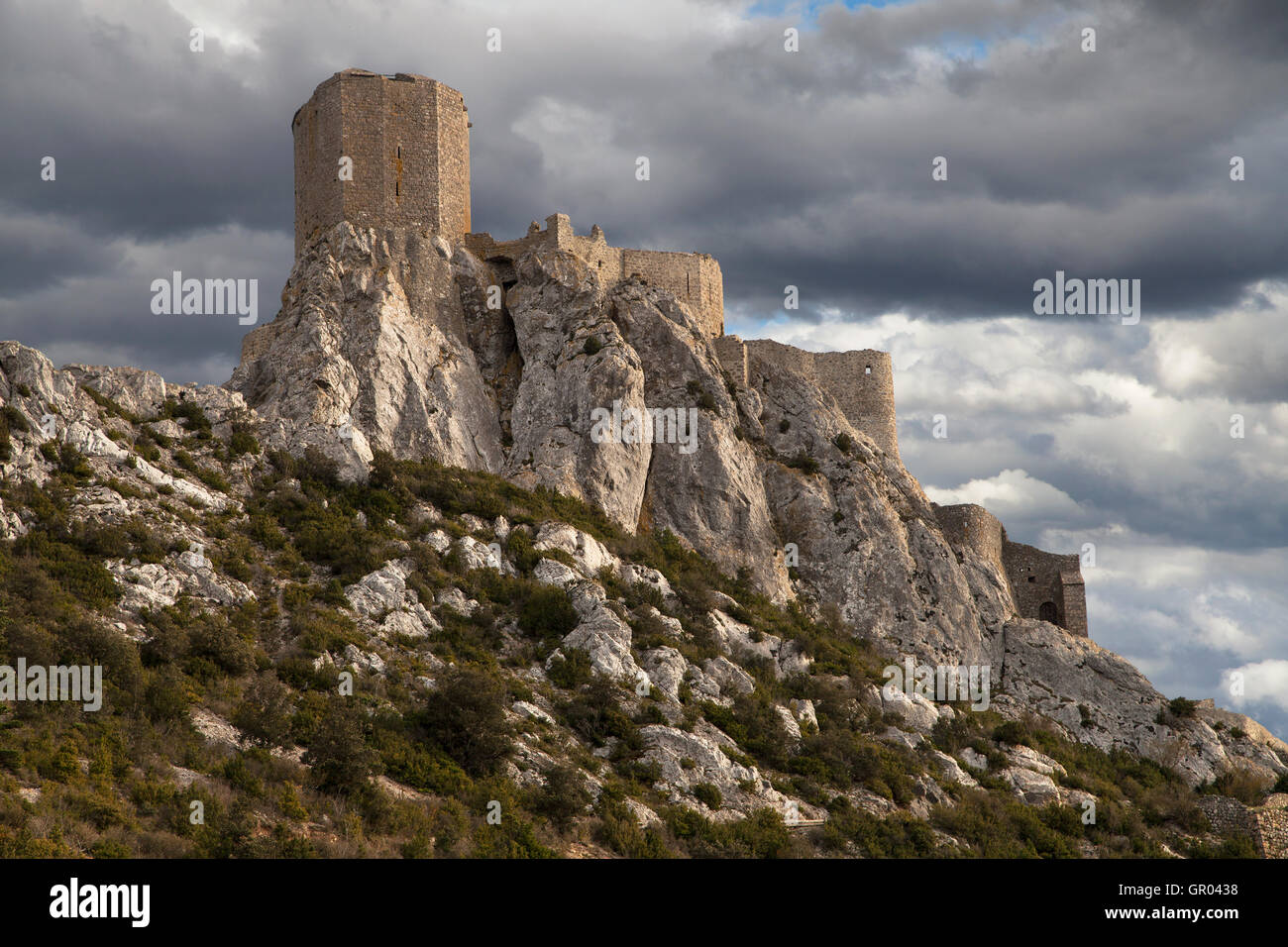 Queribus, l'ultima roccaforte catari, Languedoc-Roussillon, Francia. Foto Stock